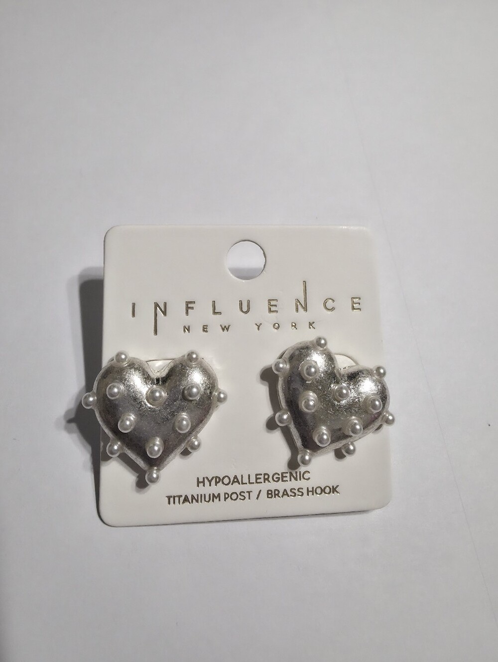 Influence New York Silver Heart Stud Earrings with Pearl Accents
